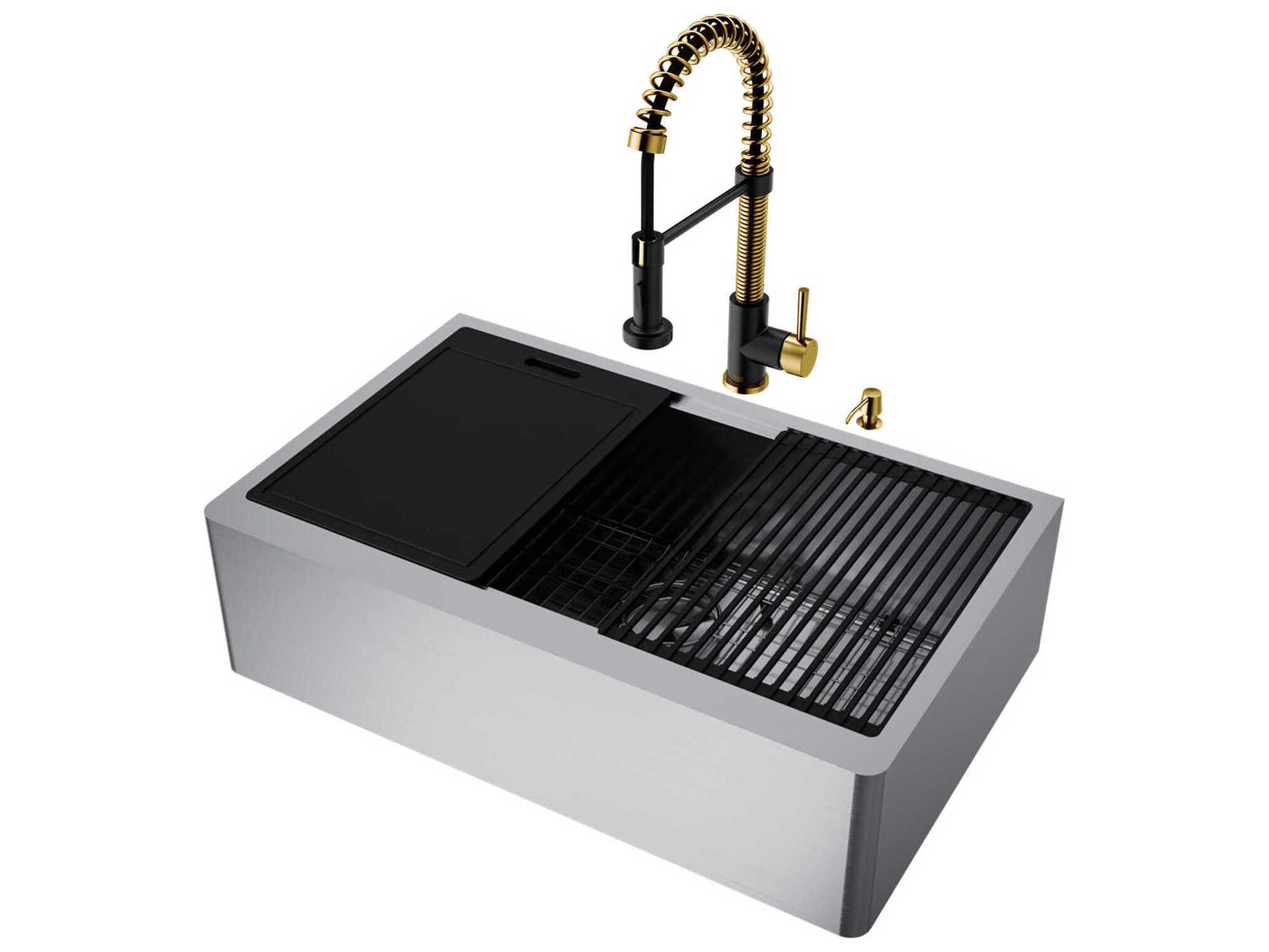 Vigo Oxford Stainless Steel 33" Rectangular Single-Bowl Farmhouse Kitchen Sink with Matte Gold / Matte Black Faucet