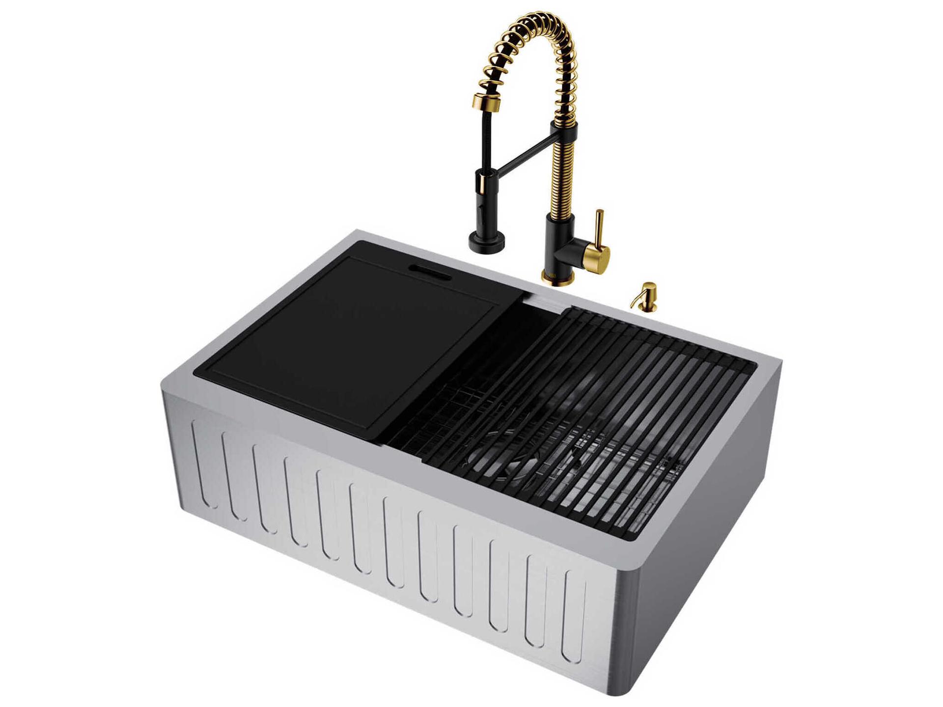 Vigo Oxford Stainless Steel 30" Rectangular Single-Bowl Farmhouse Kitchen Sink with Matte Gold / Matte Black Faucet