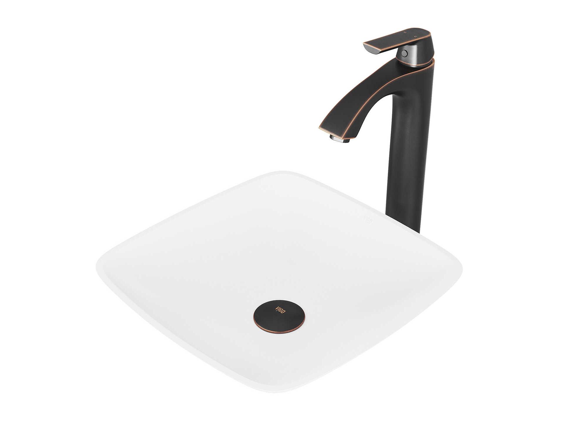 Vigo Hyacinth Matte White 14" Square Vessel Bathroom Sink with Antique Rubbed Bronze 1-Lever Linus Faucet and Drain