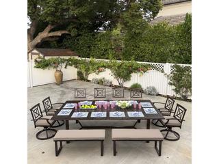 Atlantis 11-Piece Walnut Aluminum Extension Dining Set in Beige
