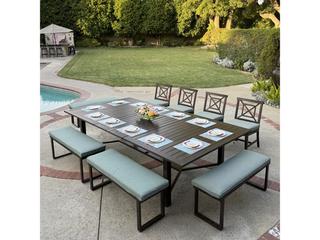 Atlantis 9-Piece Walnut Aluminum Extension Dining Set with Spa Cushions