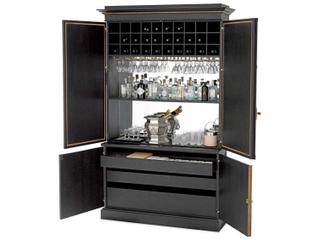 Eichholtz Kellam Solid Wood Black Antique Mirror Glass Bar Cabinet