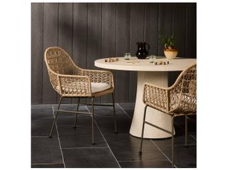 Four Hands Outdoor Grass Roots Vintage White / Grey Bronze Wrought Iron Dining Chair with Stinson White Cushion