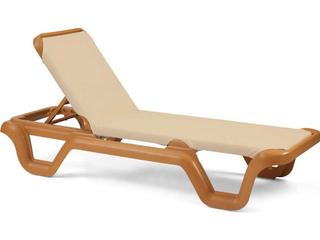 Grosfillex Marina Sling Resin Teakwood Adjustable Outdoor Patio Chaise Lounge in Khaki