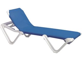 Grosfillex Nautical Sling Resin White Adjustable Outdoor Patio Chaise Lounge in Blue