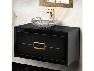 Incantesimo 40" Modern Bathroom Vanity  Black And Gold  Wall-Mounted  Glass Top: Flat