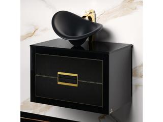 Incantesimo 32" Modern Bathroom Vanity  Black And Gold  Wall-Mounted  Glass Top: Flat