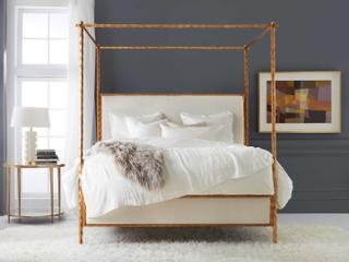 Organic Antiqued Gold Leaf Upholstered Queen Canopy Bed