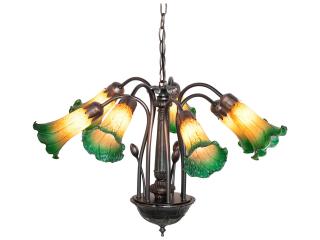 Tiffany 7-Light Pond Lily Amber Green Stained Glass Chandelier in Mahogany Bronze