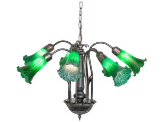 Pond Lily 7-Light Chandelier in Mahogany Bronze with Green Stained Glass