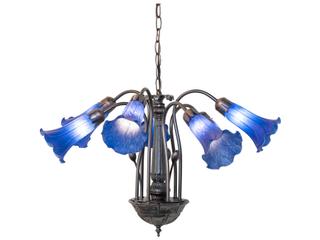 Pond Lily 7-Light Chandelier in Mahogany Bronze with Blue Glass Bells
