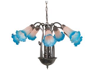 Meyda Pond Lily 7-Light Mahogany Bronze Blue Glass Bell Chandelier