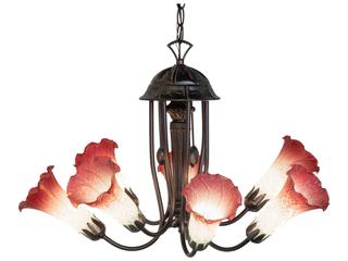 Pond Lily 7-Light Chandelier with Pink Glass Bell Shades in Mahogany Bronze
