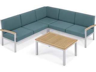 Oxford Garden Travira Aluminum Flint 4 Piece Sectional Outdoor Patio Lounge Set with Ice Blue Cushions