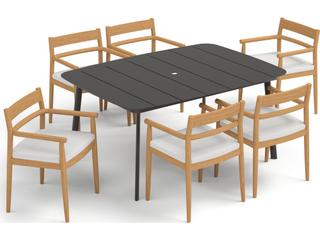 Oxford Garden Lido Teak 7 Piece Patio Dining Set with Sunbrella Bliss Linen Cushions