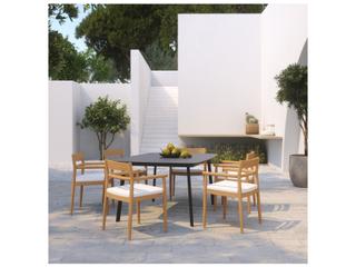 Oxford Garden Lido Teak 7 Piece Patio Dining Set with Sunbrella Bliss Linen Cushions