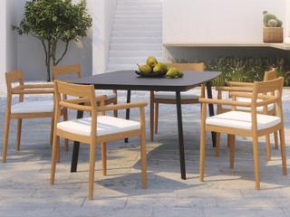 Oxford Garden Lido Teak 7 Piece Patio Dining Set with Sunbrella Bliss Linen Cushions