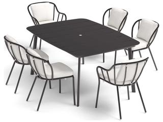 Oxford Garden Eiland Aluminum Carbon 7 Piece 63'' Rectangular Outdoor Patio Dining Set with Bliss Linen Cushion