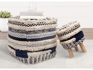 Pasargad Home Grandcanyon Navy Beige Blue Upholstered Accent Stool