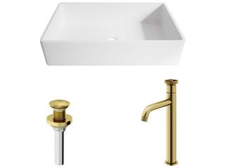 Magnolia Rectangular Vessel Bathroom Sink with Cass Faucet and Pop-Up Drain in Matte Gold