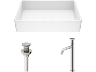 Vigo Magnolia White Stone Vessel Bathroom Sink - Pop-Up Drain in Brushed Nickel