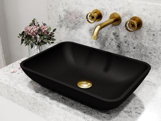 Vigo Black Sottile Black Glass Vessel Bathroom Sink - Wall-Mount Faucet and Drain in Matte Gold