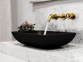 Vigo Black Sottile Black Glass Vessel Bathroom Sink - Wall-Mount Faucet and Drain in Matte Gold