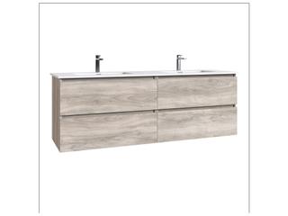 Flora 63-Inch Double Wall-Mounted Bathroom Vanity in Grey Pine and Matte White Solid Surface