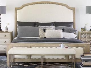 Bernhardt Santa Barbara Sandstone Beige Oak Wood Upholstered Queen Sleigh Bed