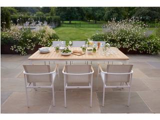 Barlow Tyrie Around Dining Table Arctic White Powder-Coated Aluminum Natural Teak 85" Wide