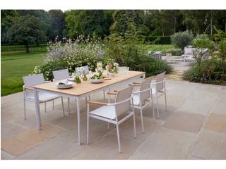Barlow Tyrie Around Dining Table Arctic White Powder-Coated Aluminum Natural Teak 85" Wide
