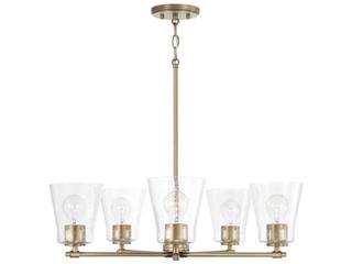 5-Light Baker Chandelier with Clear Seeded Glass in Aged Brass
