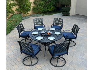 Nassau 60-Inch Round Cast Aluminum 8-Piece Dining Set with Swivel Rockers