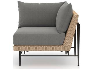 Four Hands Outdoor Solano Natural Hyacinth / Washed Brown Bronze Aluminum Resin Teak Corner Lounge Chair with Charcoal Cushion