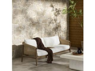 Four Hands Outdoor Grass Roots Cambrie Teak Wicker Cushion Sofa in Arashi Salt