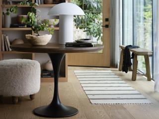 Four Hands Hughes Powell Round Wood Bright Brass Clad Dark Rustic Black Light Burnt Oak Dining Table