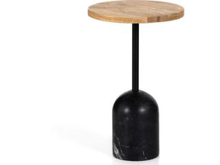Four Hands Rockwell Fay Round Wood Black Marble Dark Kettle Natural Oak End Table