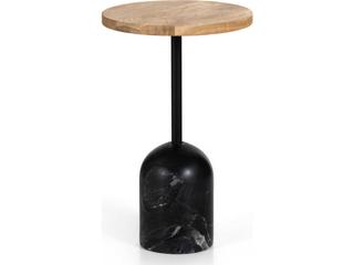 Four Hands Rockwell Fay Round Wood Black Marble Dark Kettle Natural Oak End Table