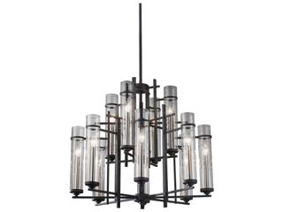 Generation Lighting Ethan 12-Light Antique Forged Iron Brushed Steel Black Glass Candelabra Cylinder Tiered Chandelier