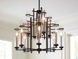 Generation Lighting Ethan 12-Light Antique Forged Iron Brushed Steel Black Glass Candelabra Cylinder Tiered Chandelier
