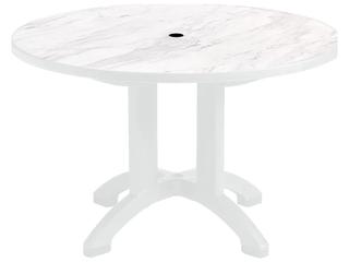 Grosfillex Aquaba Classic Teakwood Round Sawcut Top Outdoor Dining Table with Umbrella Hole