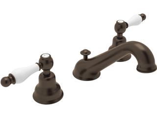 Arcana Widespread Lavatory Faucet with Ornate White Porcelain Lever Handles C-Spout Tuscan Brass