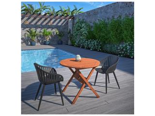 International Home Miami Amazonia Ricard Eucalyptus 3 Piece Outdoor Round Dining Set with Black Aluminum Chairs