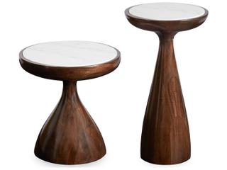 Jonathan Adler Buenos Aires Round White Volakas Marble Mahogany End Table