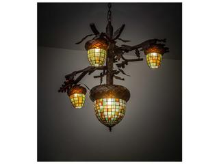 Meyda Acorn 3 1-Light Ruby Amber Green Chocolate Grey Brown Glass Tiffany Bell Chandelier