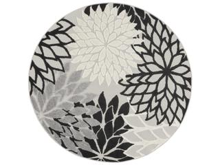 Aloha Floral Indoor Outdoor Round Area Rug in Black White Grey
