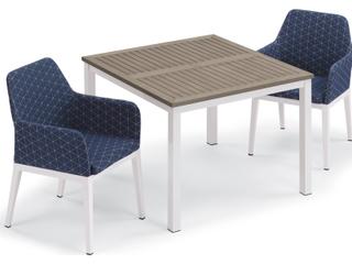 Oxford Garden Oland Aluminum Chalk 3 Piece Outdoor Dining Set with Spectrum Indigo Cushions
