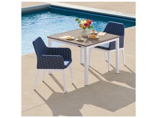 Oxford Garden Oland Aluminum Chalk 3 Piece Outdoor Dining Set with Spectrum Indigo Cushions