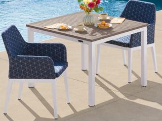 Oxford Garden Oland Aluminum Chalk 3 Piece Outdoor Dining Set with Spectrum Indigo Cushions