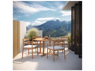 Oxford Garden Lido Teak Natural 5 Piece Outdoor Dining Set with Sunbrella Bliss Linen Cushions